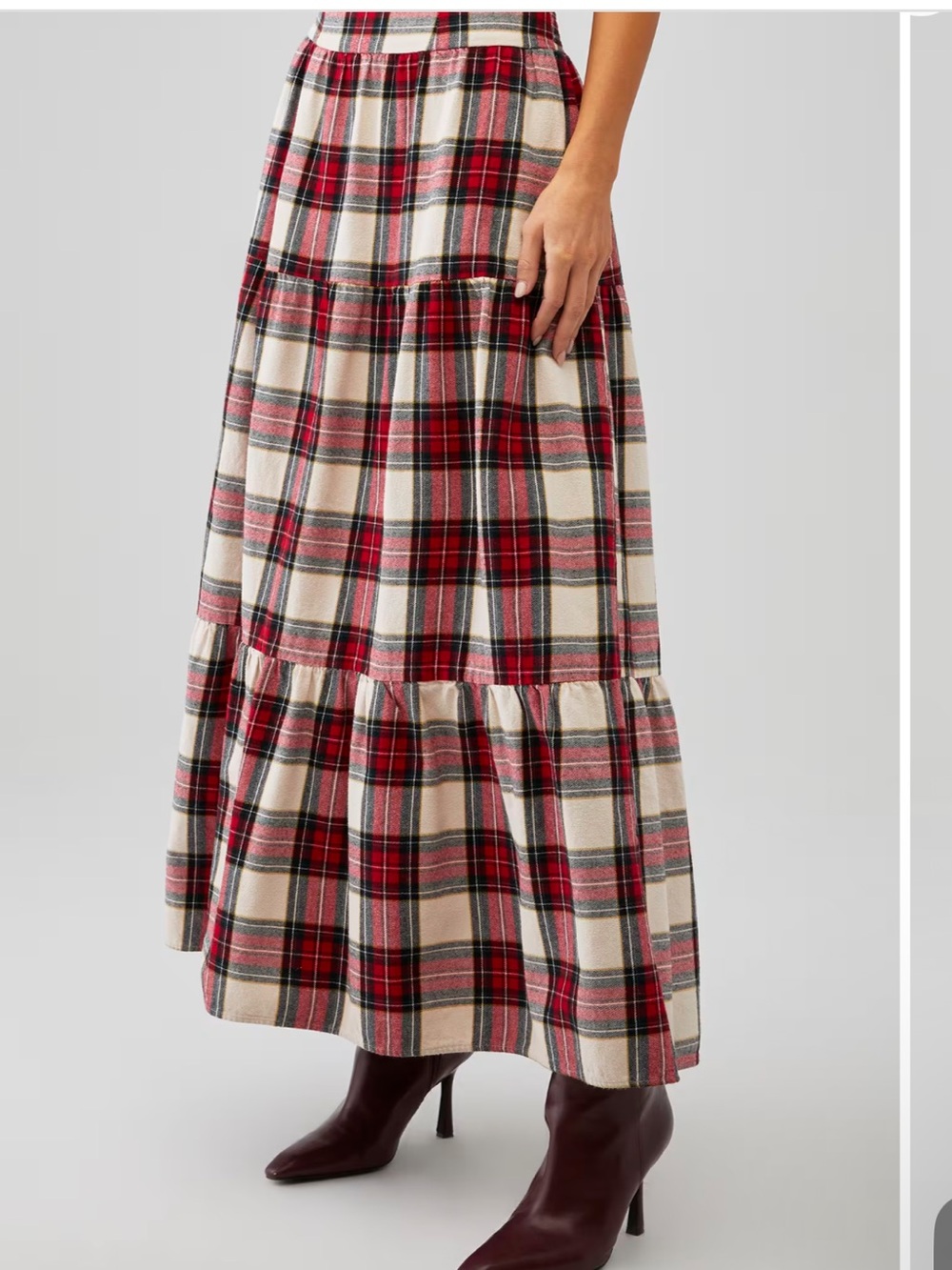 Plaid Tiered Maxi Skirt in Red and Cream